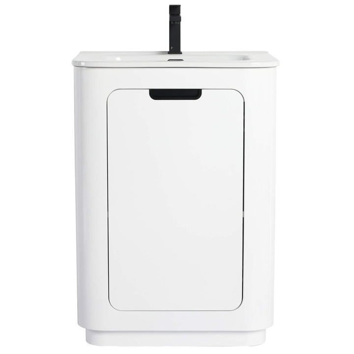 Discover the Shireplace 24 Inch Bathroom Vanity With Sink: It boasts a white rectangular sink atop a compact cabinet with a sleek black handle. The minimalist, modern design is completed by a black faucet mounted at the basins back.