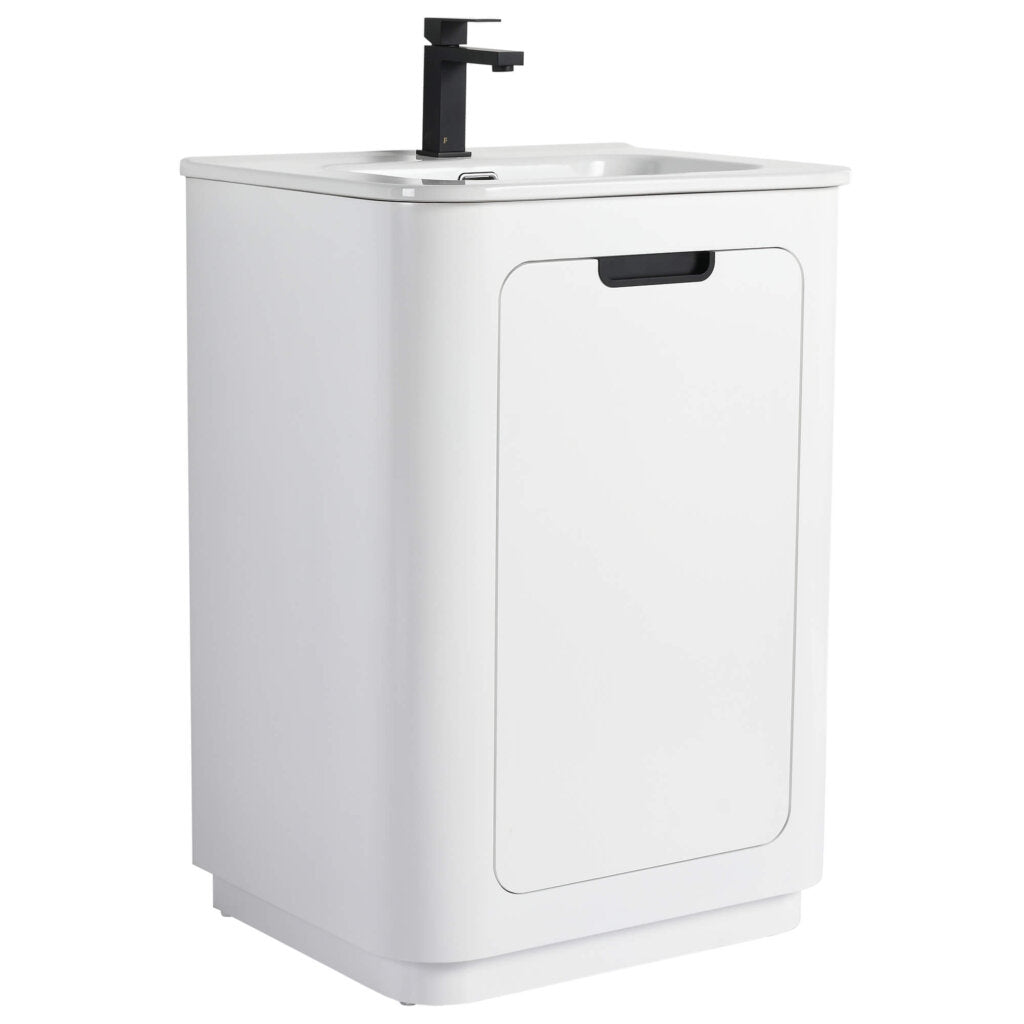 The Shireplace 24 Inch Bathroom Vanity With Sink offers a sleek modern white design, featuring a rectangular basin and black single-handle faucet. Its cabinet door highlights minimalist elegance, complemented by a small cutout for easy access.