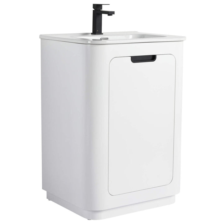 The Shireplace 24 Inch Bathroom Vanity With Sink offers a sleek modern white design, featuring a rectangular basin and black single-handle faucet. Its cabinet door highlights minimalist elegance, complemented by a small cutout for easy access.