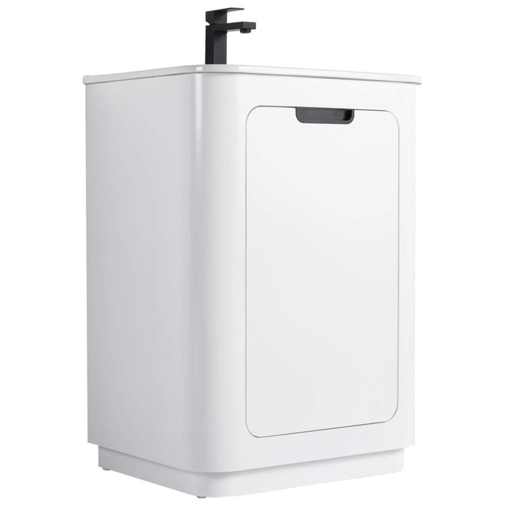 The Shireplace 24 Inch Vanity is white, rectangular, and includes a black faucet. It features a recessed handle on the cabinet door and a sleek surface, making it ideal for modern bathrooms.