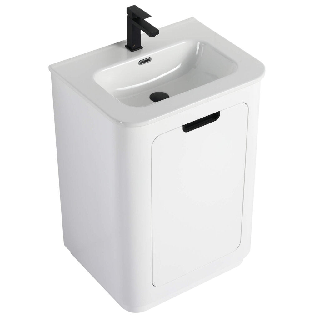 The Shireplace 24 Inch Bathroom Vanity With Sink showcases a sleek, modern design with a white rectangular sink and black faucet. It features rounded edges, minimalist appeal, and a storage cabinet with a handle for seamless function and style integration.