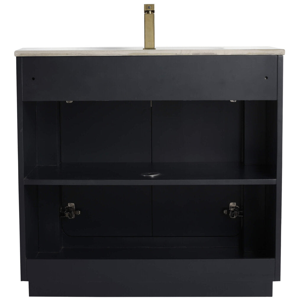 Introducing the elegant Shireplace 36 Inch Bathroom Vanity With Sink: a black cabinet featuring an open back and a middle shelf, complemented by a tall, slender golden-hued faucet on its luxurious marble countertop, perfectly blending functionality with style.