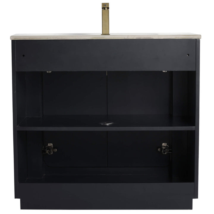 Introducing the elegant Shireplace 36 Inch Bathroom Vanity With Sink: a black cabinet featuring an open back and a middle shelf, complemented by a tall, slender golden-hued faucet on its luxurious marble countertop, perfectly blending functionality with style.