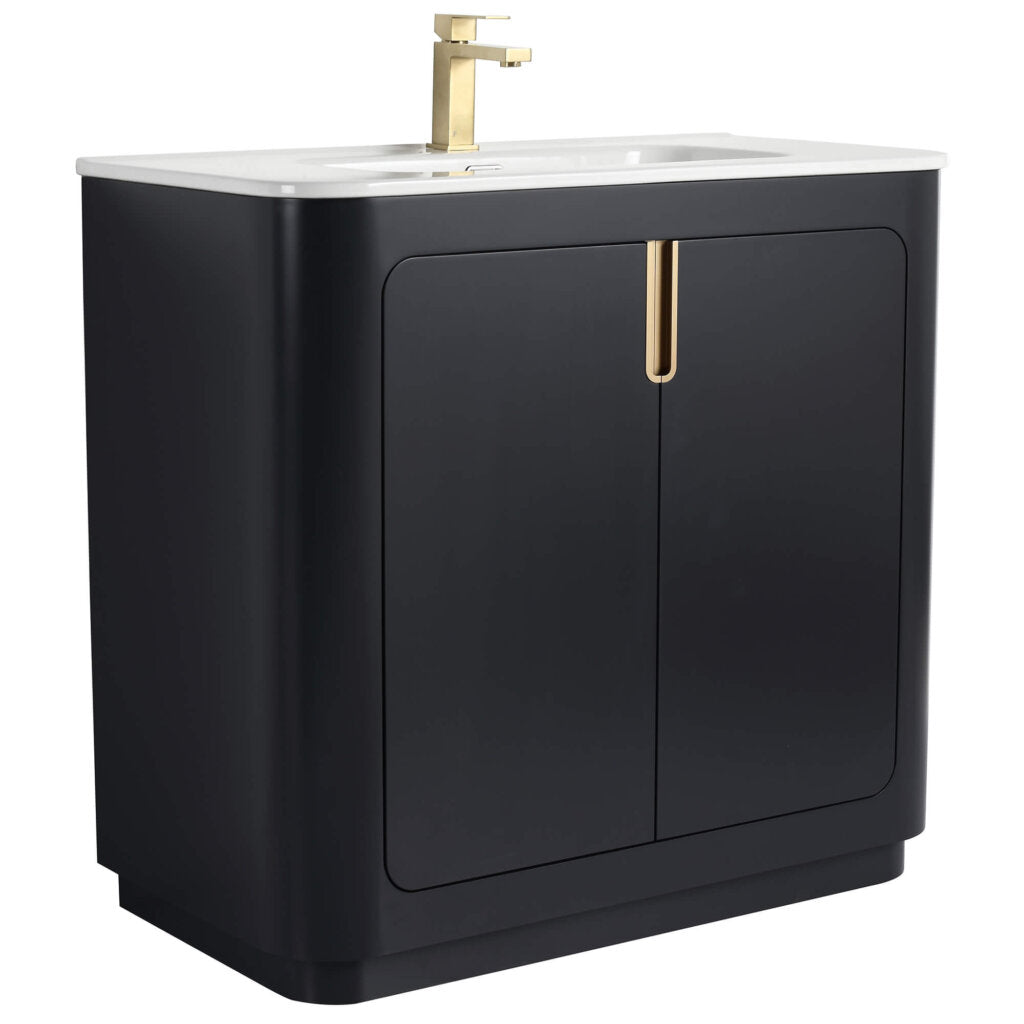 The Shireplace 36 Inch Bathroom Vanity With Sink features a modern black design, two doors, and a sleek white countertop. Its elegant gold faucet and matching gold handle enhance its luxurious touch.