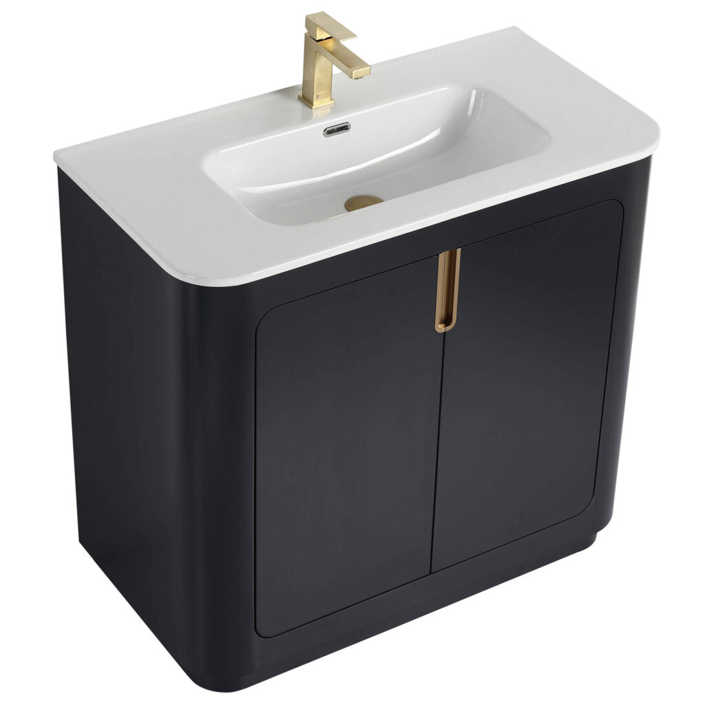 Introducing the Shireplace 36 Inch Bathroom Vanity With Sink, featuring a modern black cabinet, white countertop with integrated sink, and stylish gold faucet and handles to effortlessly elevate any bathrooms elegance.