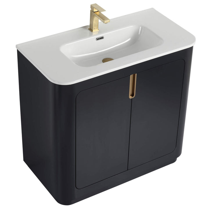 Introducing the Shireplace 36 Inch Bathroom Vanity With Sink, featuring a modern black cabinet, white countertop with integrated sink, and stylish gold faucet and handles to effortlessly elevate any bathrooms elegance.