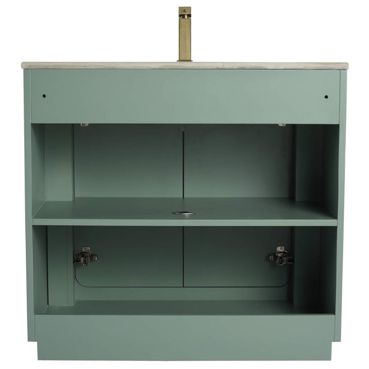The Shireplace 36 Inch Bathroom Vanity With Sink features a green cabinet with a marble top and brass faucet. It includes a spacious open shelf, two storage compartments with hinged doors, and a recessed top shelf for plumbing ease.
