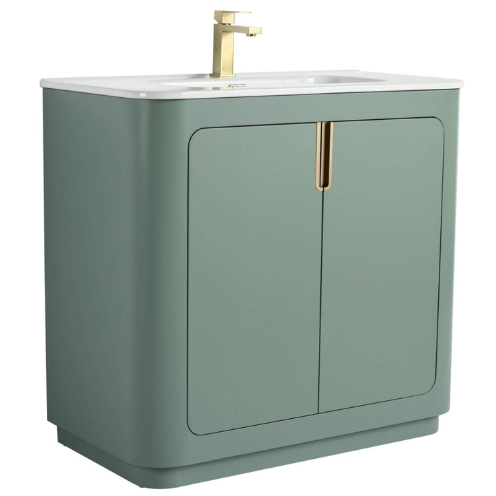 The Shireplace 36 Inch Bathroom Vanity With Sink showcases a contemporary matte green finish and sleek rectangular design, featuring two central gold handles, a white countertop with integrated sink, and an elegant gold faucet for added luxury.