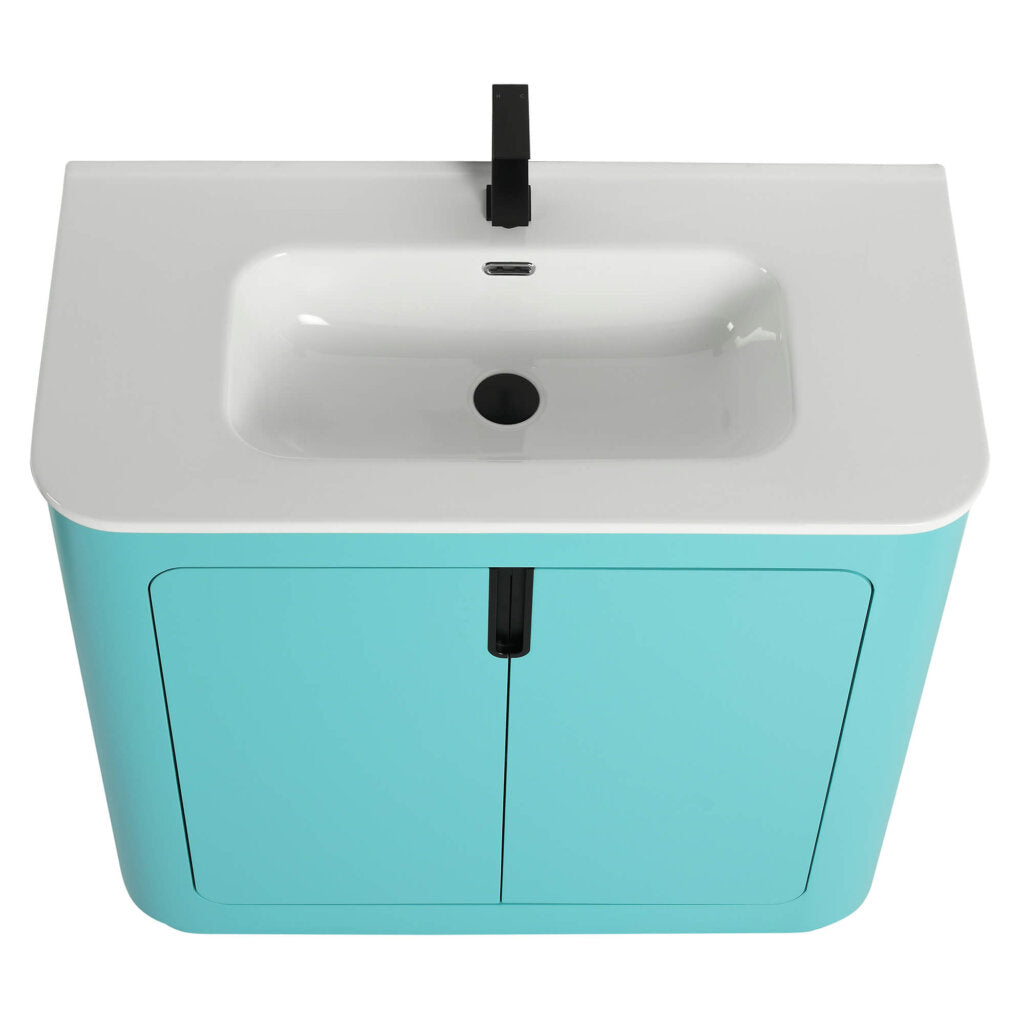 The Shireplace 36 Inch Bathroom Vanity features a modern design with a white rectangular sink and light turquoise cabinet. Black faucet and handles adorn its double-door setup, captured elegantly from an above angle.