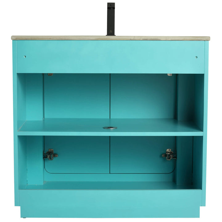The Shireplace 36 Inch Bathroom Vanity With Sink features a striking turquoise finish, open shelves, and no doors. Its light-colored countertop complements a sleek black faucet, while an interior shelf and exposed hinges add charm.
