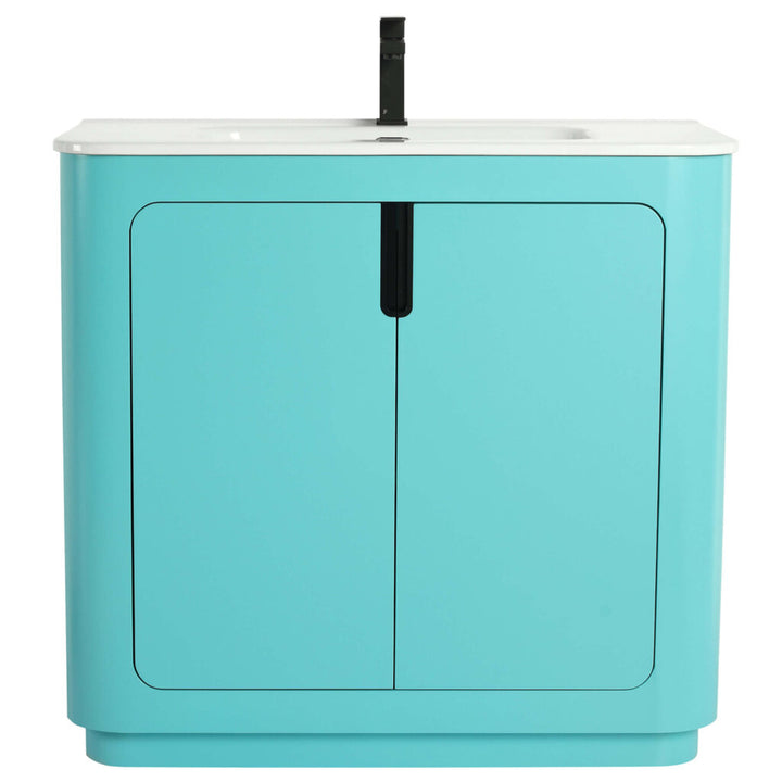 The Shireplace 36 Inch Bathroom Vanity With Sink features a sleek teal finish with dual central black strip handles, a white countertop, and an integrated black faucet, offering a modern and stylish look.