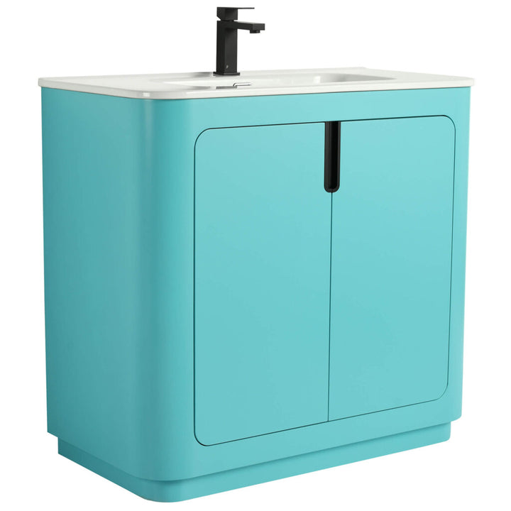 The Shireplace 36 Inch Bathroom Vanity With Sink features a turquoise finish, a sleek black faucet, a minimalist design with a rectangular sink, and two handle-free doors that enhance its modern look.