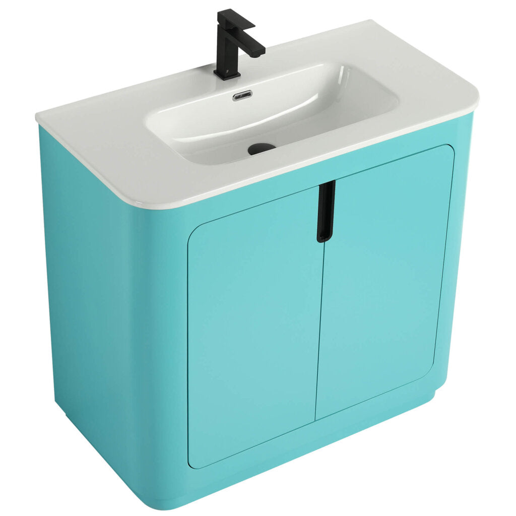Introducing the Shireplace 36 Inch Bathroom Vanity, where modern design meets functionality. This vanity features a light blue cabinet with a white countertop, built-in rectangular sink, and sleek black faucet. Below the sink, two cabinet doors offer ample storage for your essentials.