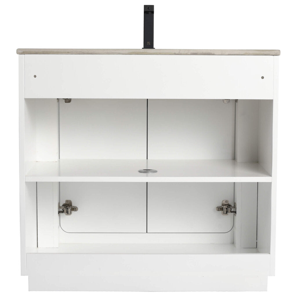 The Shireplace 36 Inch Bathroom Vanity With Sink boasts a pristine, open-faced design with silver hinges and two spacious shelves. The countertop mimics light stone elegance and includes a pre-drilled hole for easy plumbing installation.