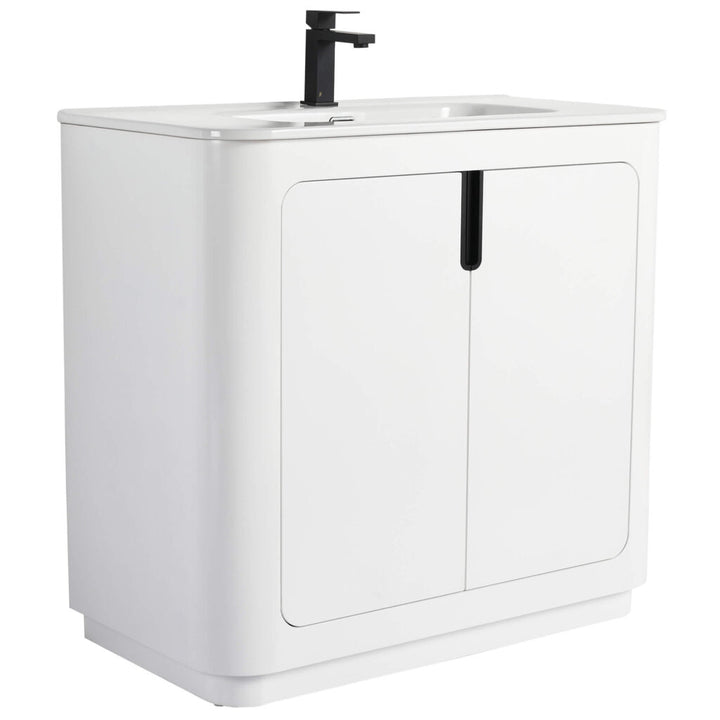 The Shireplace 36 Inch Bathroom Vanity With Sink features a modern, sleek design with two cabinet doors and a black faucet. Its smooth, glossy surface enhances its minimalist charm, making it a stylish addition to any bathroom.