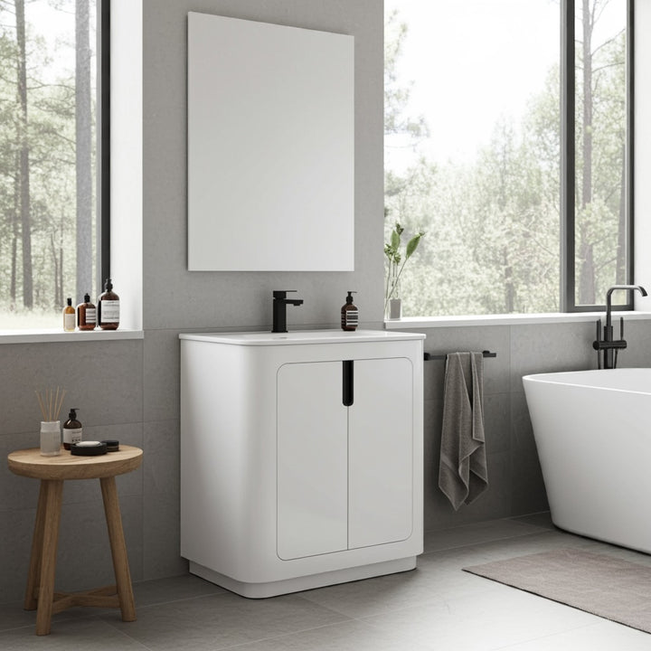 A modern bathroom features the Shireplace 36 Inch Bathroom Vanity With Sink, a black faucet, large mirror, freestanding bathtub, small wooden stool with bottles, towels by the tub and vanity, and large windows overlooking trees.
