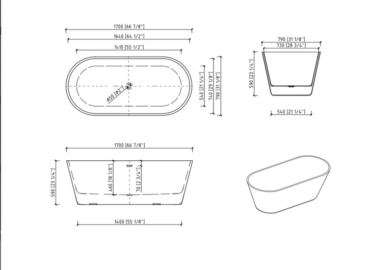 60"/67" Fiberglass Freestanding Soaking Bathtub in White