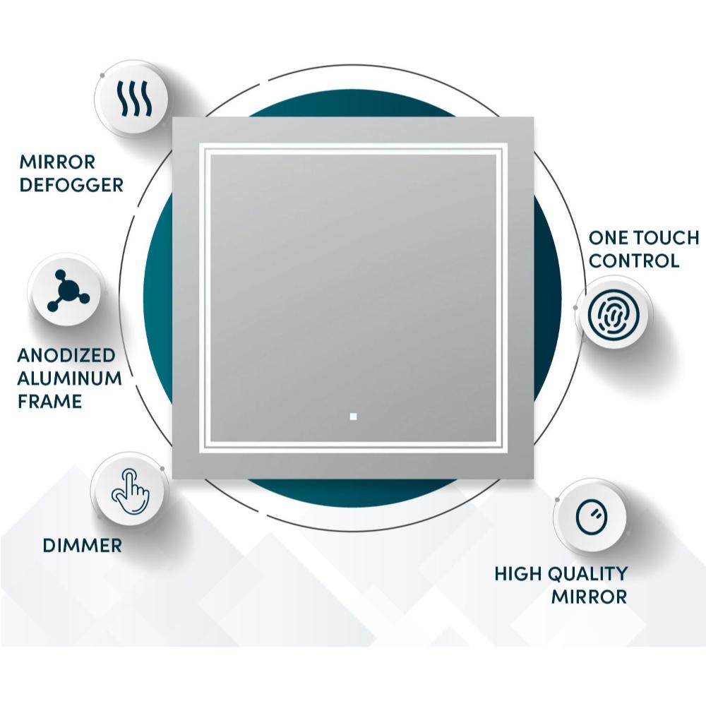 The Soho LED Lighted Bathroom Mirror is a featuring a mirror defogger, anodized aluminum frame, dimmer, one-touch control, and high-quality glass—each feature represented by simple icons.