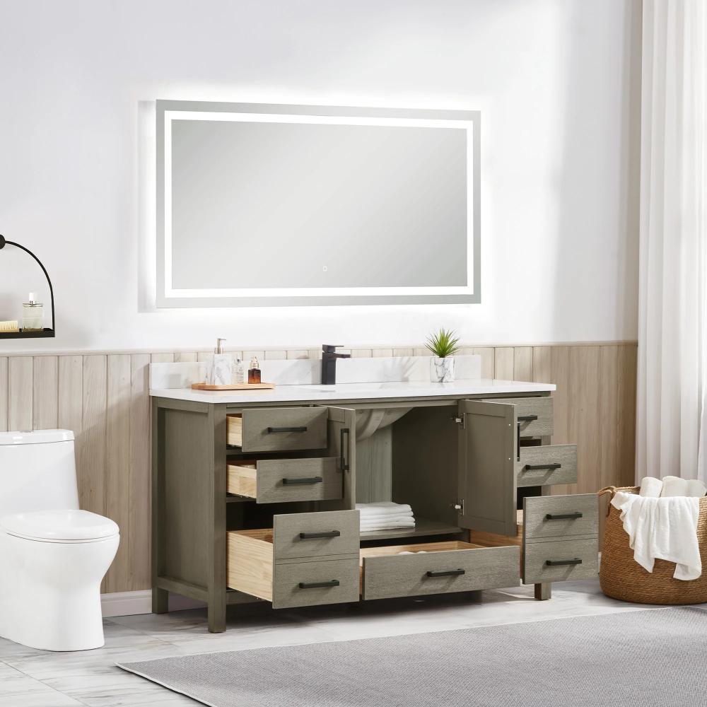 Modern bathroom featuring the Basel 60 Inch Single Bathroom Vanity in gray with open storage, white countertop, backlit mirror, toilet, wicker basket with towels, lamp, neutral decor, and light wood paneling with curtains in the background.