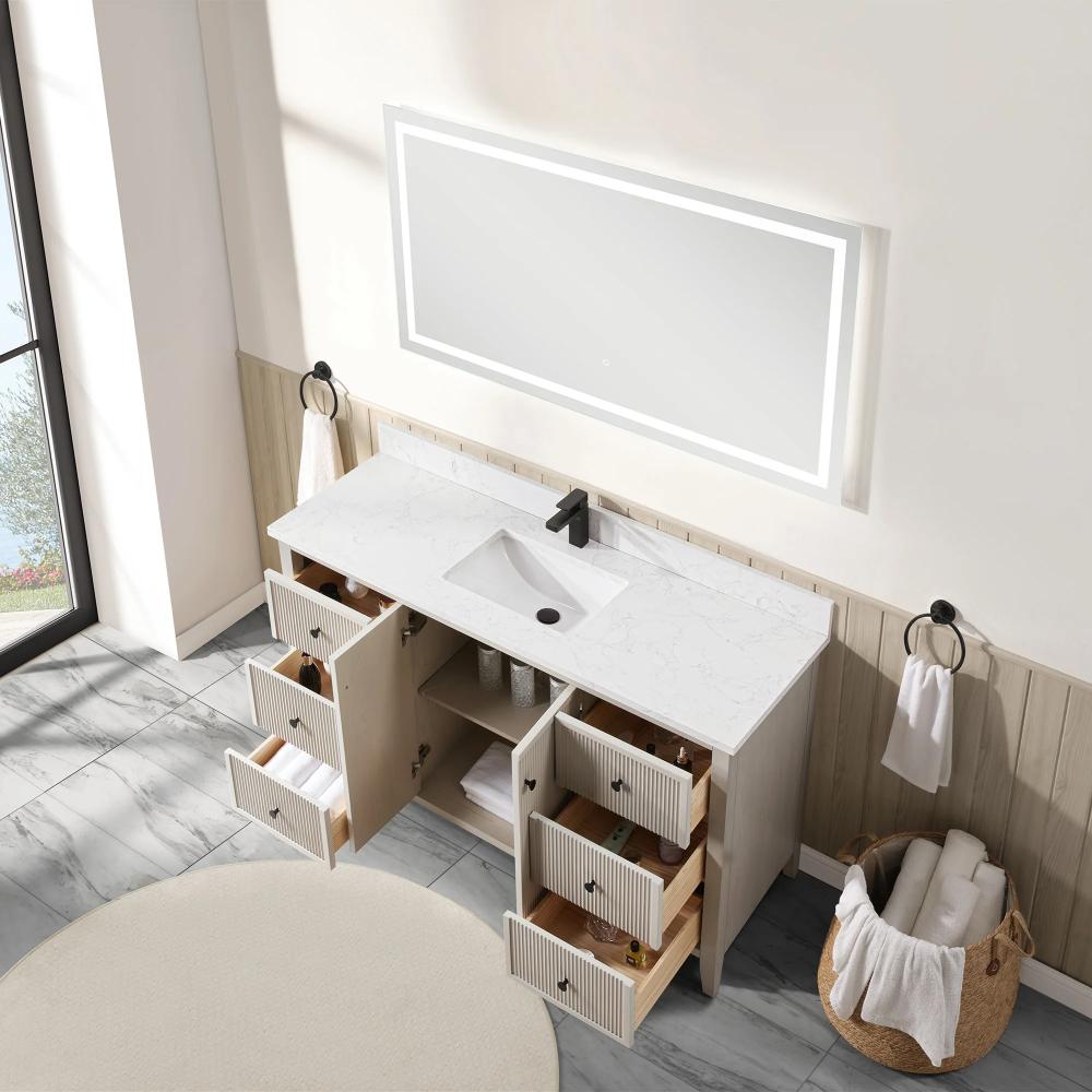Overhead view of the Torino 60 Inch Single Bathroom Vanity featuring a white marble countertop, integrated sink, black faucet, open drawers and cabinet doors, storage baskets, large mirror, and towel ring with white towel.