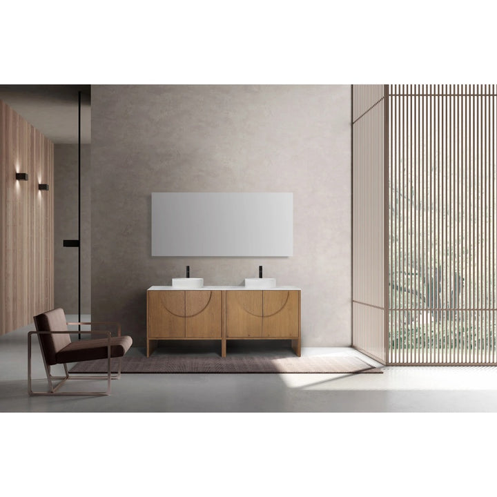Minimalist bathroom featuring the Celle 72 Inch Double Bathroom Vanity With Vessel Sinks, a large mirror, modern black faucets, a brown chair, and vertical wooden slats inviting natural light.
