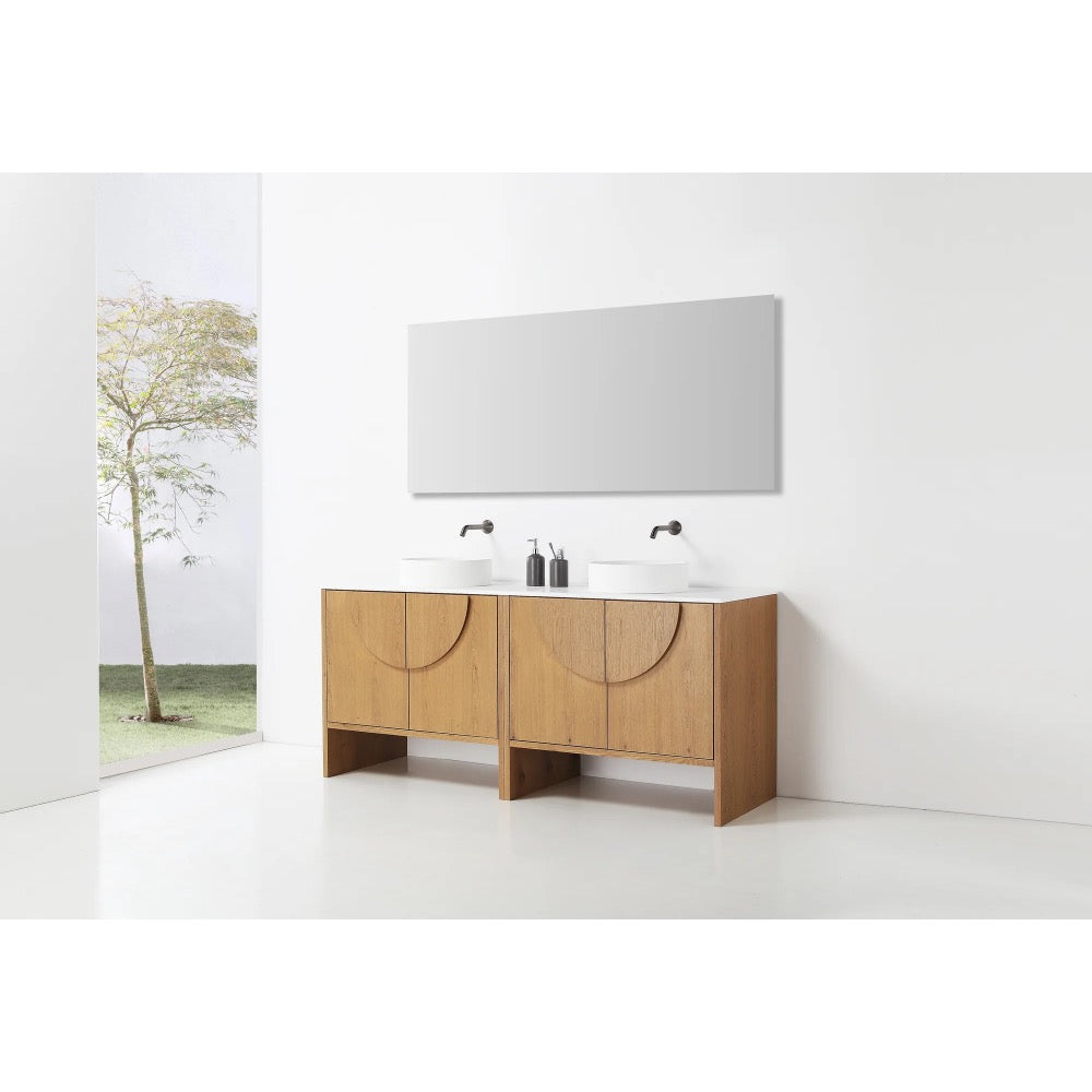 Modern minimalist bathroom with a Celle 72 Inch Double Bathroom Vanity With Vessel Sinks, black faucets, a large rectangular mirror, and tall windows offering a tree view. The space is bright, uncluttered, and elegantly designed.