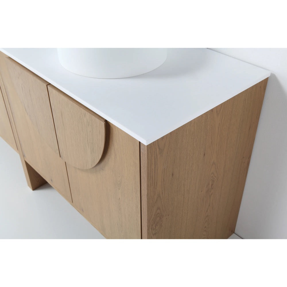 A modern wooden cabinet with a white countertop, featuring clean lines and minimalist design, the Celle 72 Inch Double Bathroom Vanity With Vessel Sinks is perfectly placed against a white wall.