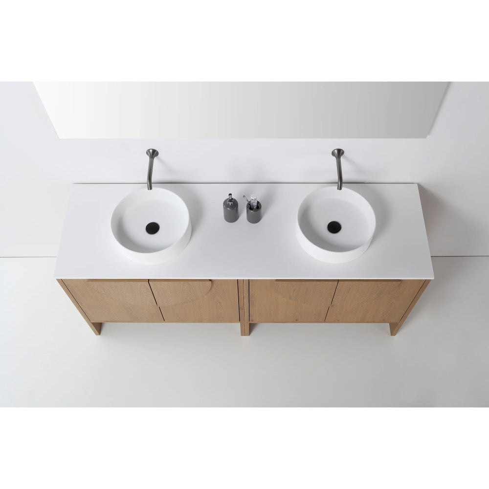 The Celle 72 Inch Double Bathroom Vanity With Vessel Sinks features two round white vessel sinks, chrome faucets, a light wood cabinet, and two soap dispensers, viewed from above against a white background.