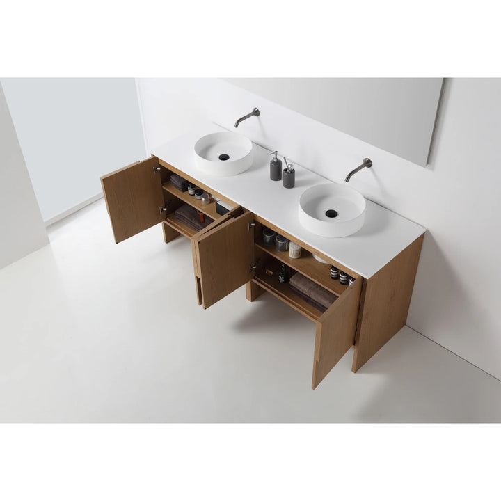 The Celle 72 Inch Double Bathroom Vanity With Vessel Sinks features wooden cabinets, a white countertop, round vessel sinks, wall-mounted faucets, storage shelves, and open cabinet doors showing organized bathroom items inside.