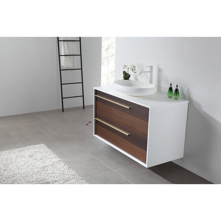A modern bathroom features the Goreme 42 Inch Wall Mount Bathroom Vanity With Vessel Sink, two wooden drawers, a white countertop with round basin sink, two green bottles, a towel ladder by a white wall, light grey tiles, and a rug.