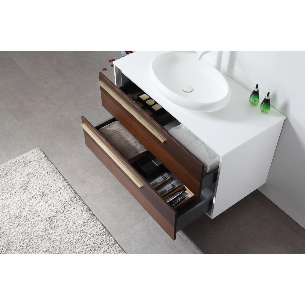 A modern Goreme 42 Inch Wall Mount Bathroom Vanity With Vessel Sink features two open wooden drawers for toiletries and towels, set on a gray tiled floor with a white rug and two green soap dispensers on the counter.
