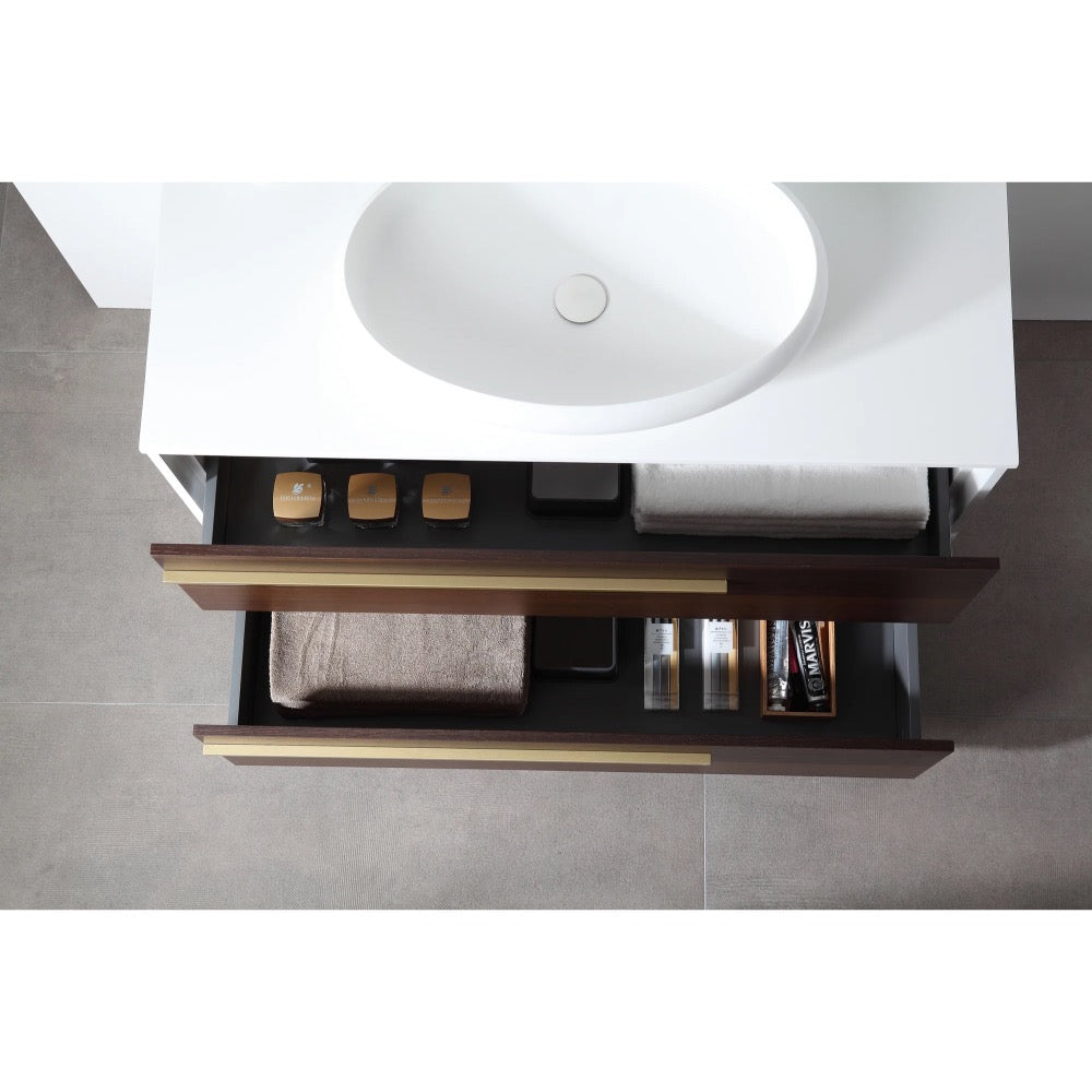 Overhead view of a modern Goreme 42 Inch Wall Mount Bathroom Vanity With Vessel Sink, featuring a white sink and two open drawers organized with towels, toiletries, soap dispensers, and personal care items.