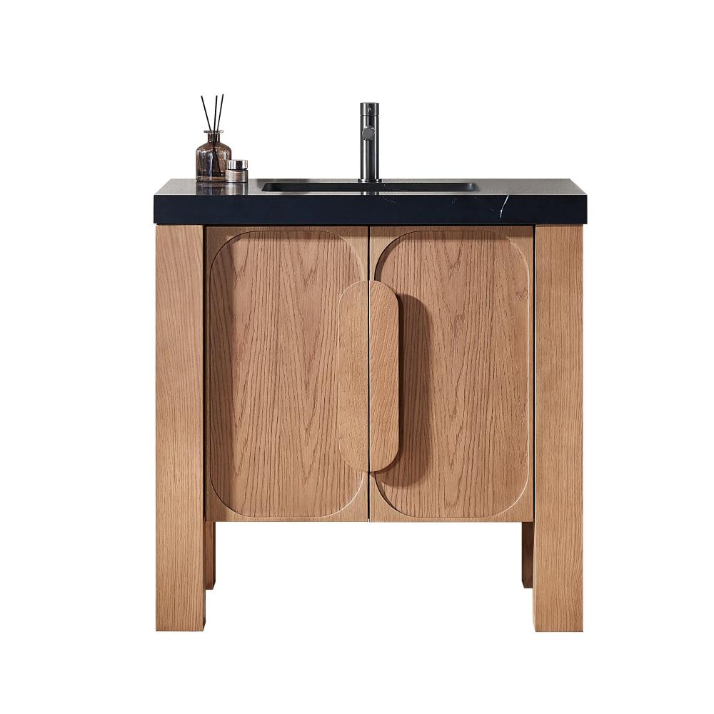 Munich 36" Natural Teak freestanding bathroom vanity with black quartz top