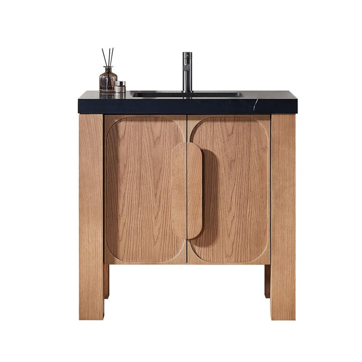 Munich 36" Natural Teak freestanding bathroom vanity with black quartz top