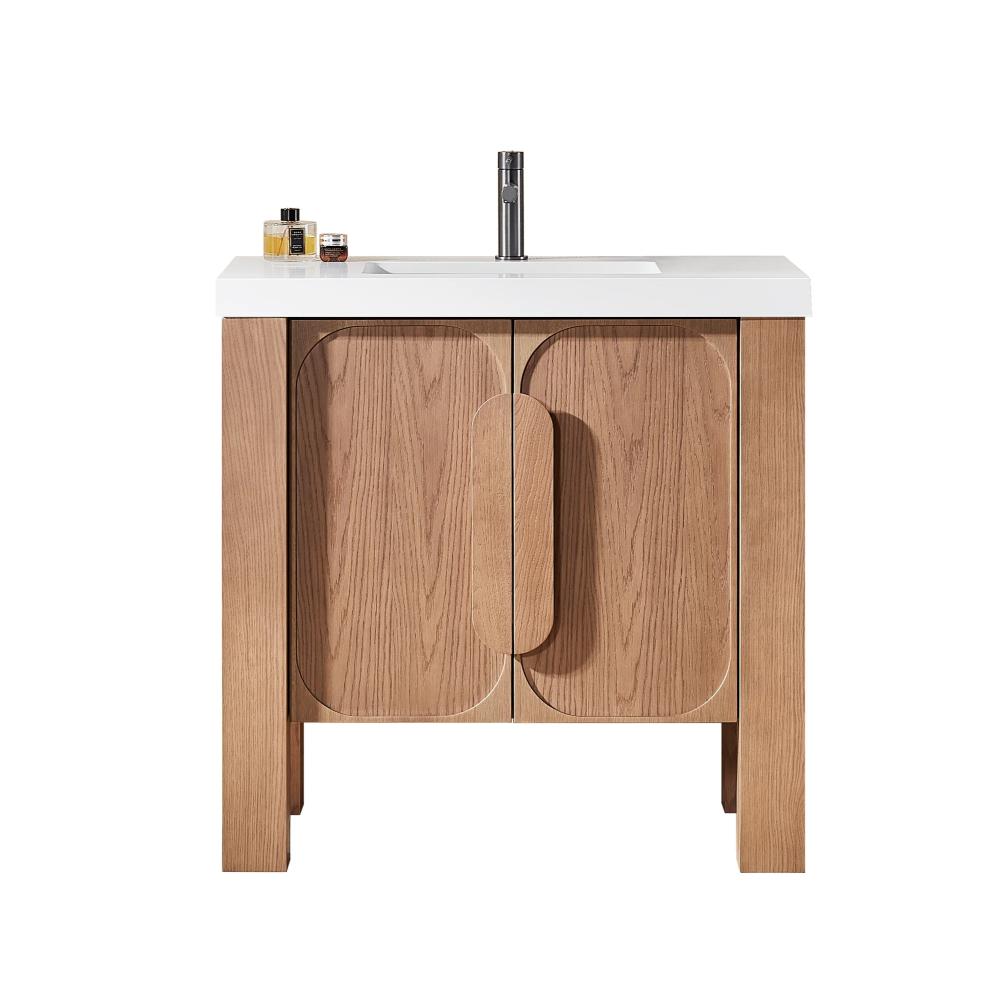 Munich 36" Natural Teak freestanding bathroom vanity with white quartz top