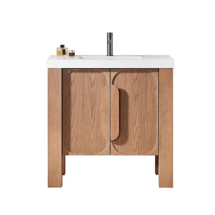 Munich 36" Natural Teak freestanding bathroom vanity with white quartz top