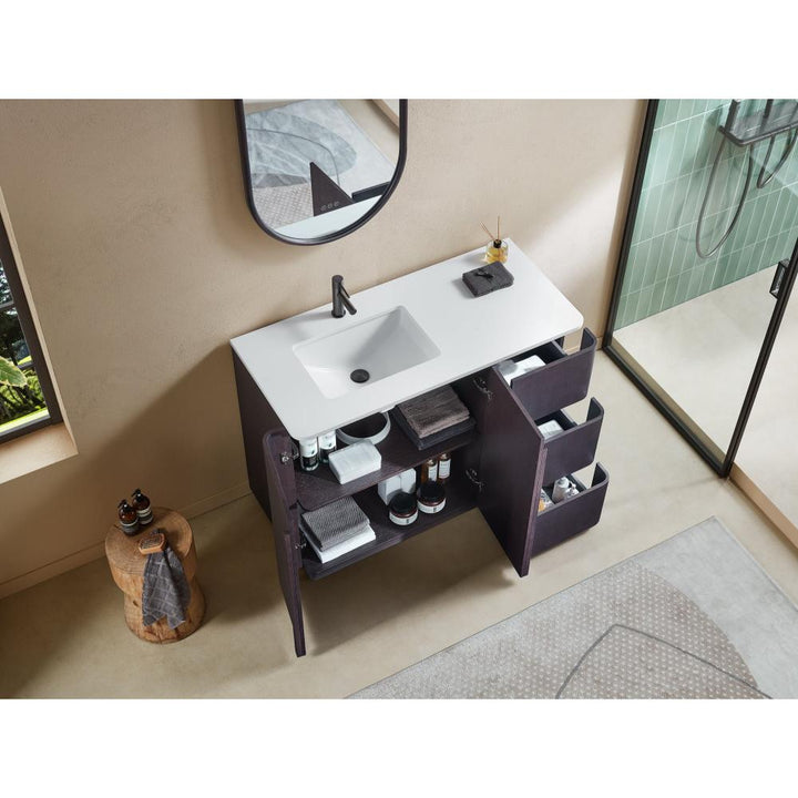 The Parma 48 Inch Bathroom Vanity With Top includes a white countertop, sink, and black faucet. Open cabinet doors display organized toiletries and towels, with a mirror and glass shower visible nearby.