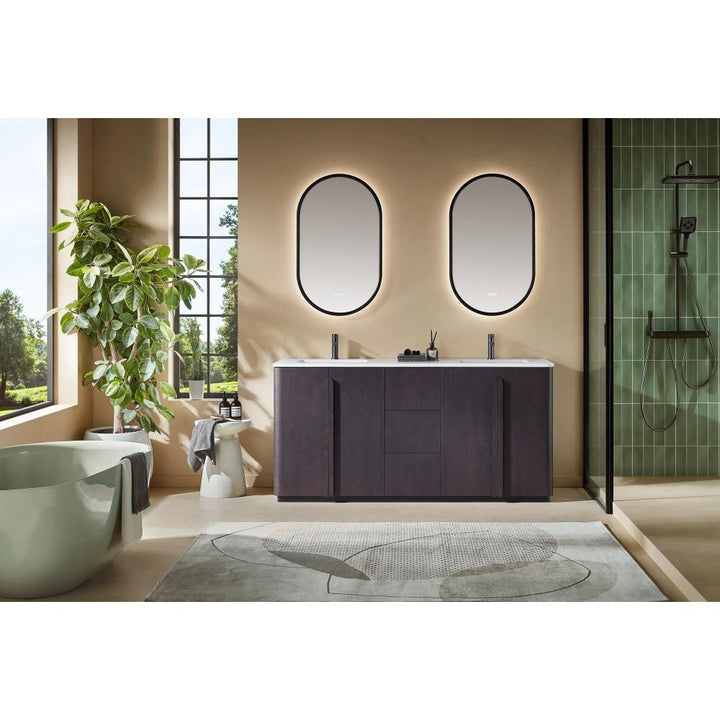 Modern bathroom with a Parma 72 Inch Double Bathroom Vanity With Top, double sinks, two oval mirrors, a green tiled shower, freestanding bathtub, potted plant, large windows with outdoor views, and a stylish rug on the floor.