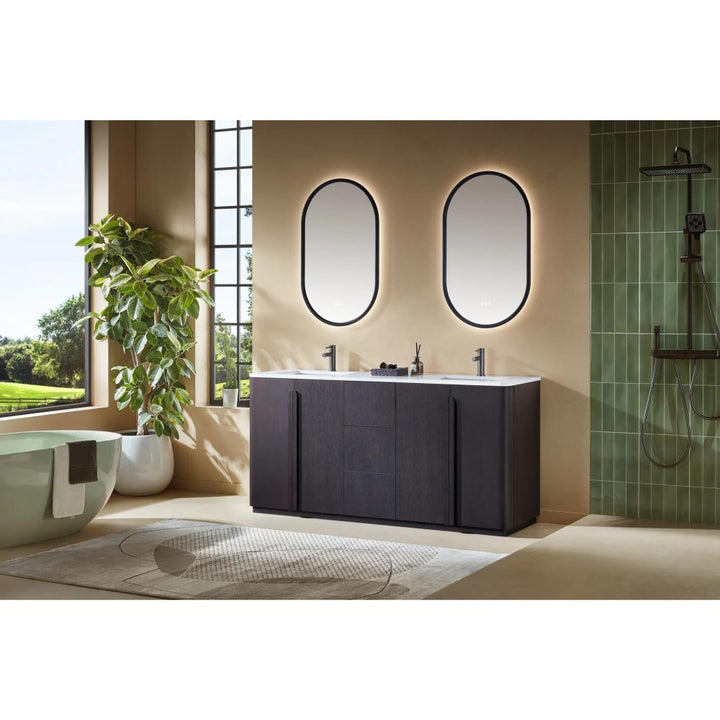 Modern bathroom featuring a Parma 72 Inch Double Bathroom Vanity With Top, freestanding tub, large green plant, two oval mirrors with backlighting, a green tiled shower, and large windows that fill the space with natural light.