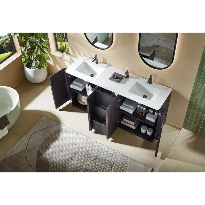 A modern bathroom showcasing the Parma 72 Inch Double Bathroom Vanity With Top, open cabinet doors displaying organized towels and toiletries, two mirrors above, a large plant, a bathtub, and a light-colored rug on the floor.