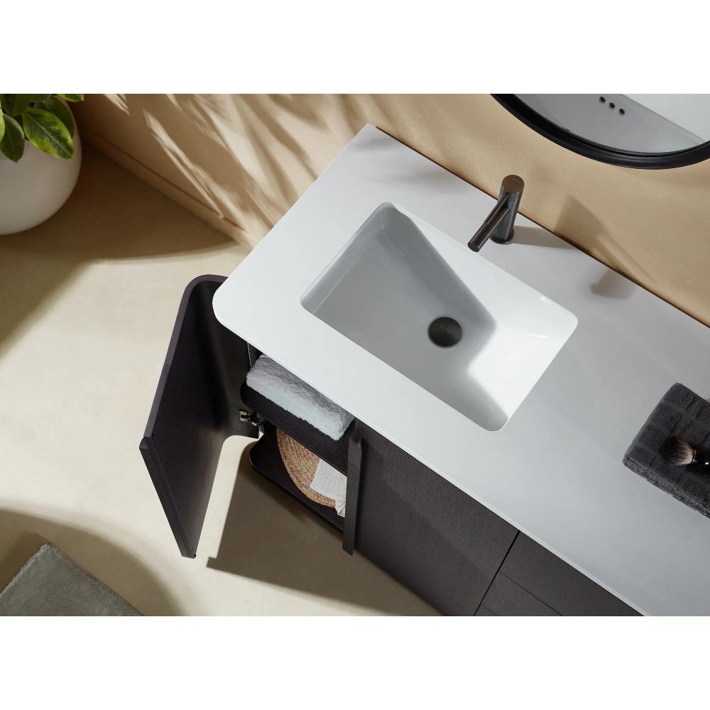 The Parma 72 Inch Double Bathroom Vanity With Top features modern rectangular white sinks, black faucets, open cabinet doors with towels and baskets inside, and a potted plant in the corner for added style.