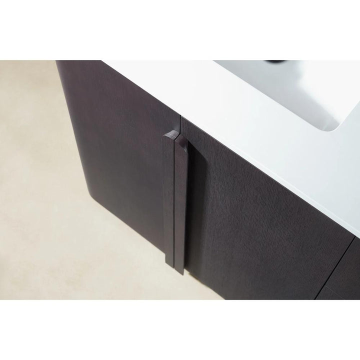 A close-up of the Parma 72 Inch Double Bathroom Vanity With Top highlights dark wood cabinet doors and a white countertop with integrated sinks, photographed from above at an angle.