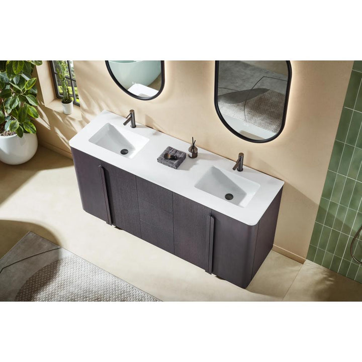 Modern bathroom with a Parma 72 Inch Double Bathroom Vanity With Top, black faucets, two mirrors above, a potted plant nearby, and a green tiled shower wall visible on the right.