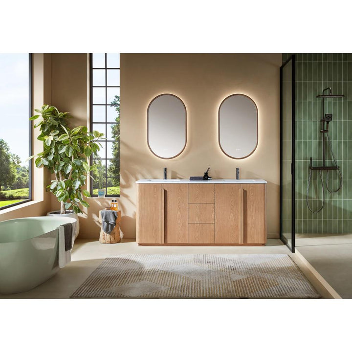 Modern bathroom with a Parma 72 Inch Double Bathroom Vanity With Top, two oval mirrors, a potted plant, freestanding tub, large windows showing greenery outside, and a glass-enclosed shower with green tile walls.