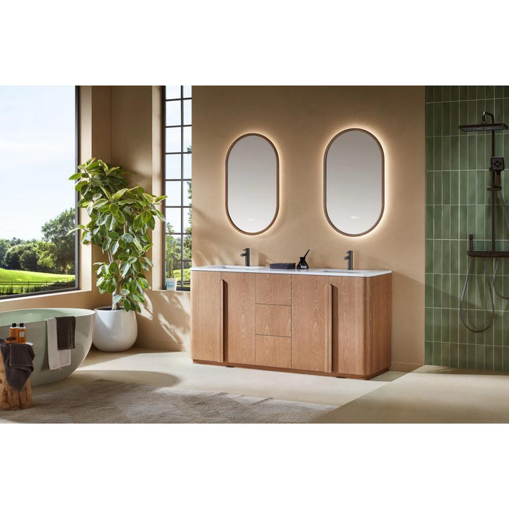 Modern bathroom featuring a Parma 72 Inch Double Bathroom Vanity With Top, two oval backlit mirrors, a freestanding white tub, lush plant, and walk-in shower with green tile and black fixtures. Sunlight streams in through the window.