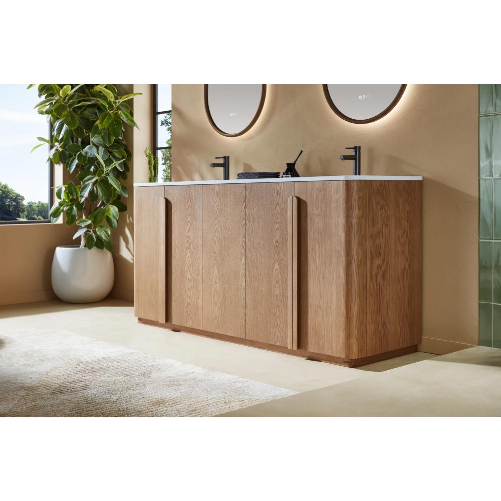 A modern bathroom featuring the Parma 72 Inch Double Bathroom Vanity With Top, double sinks, two round mirrors, black faucets, a large potted plant, and natural light streaming through the window.