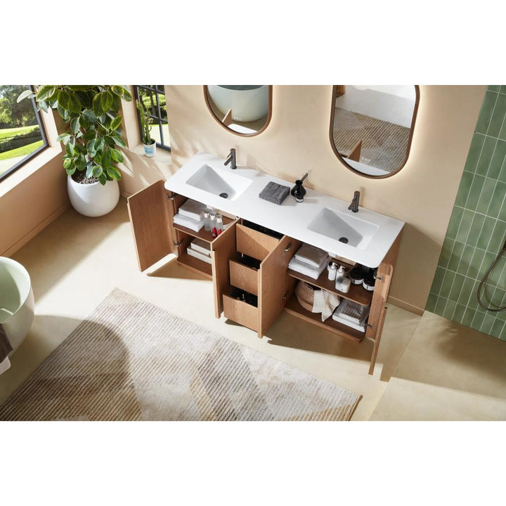 A modern bathroom features the Parma 72 Inch Double Bathroom Vanity With Top, its double sinks and open storage revealing organized towels and toiletries. Two mirrors, a plant, and sunlight from a window create a serene atmosphere.