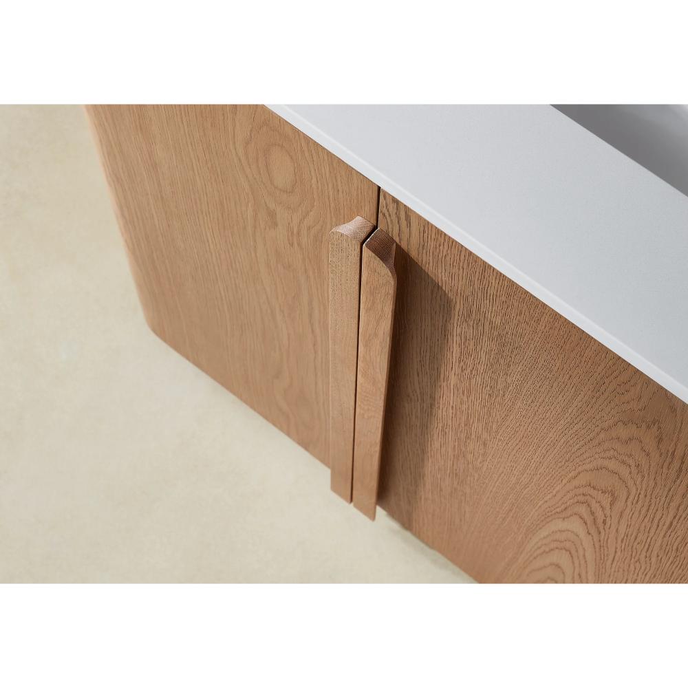 A close-up view of the Parma 72 Inch Double Bathroom Vanity With Top, showcasing a wooden cabinet with vertical handles and a smooth white countertop, set against a light-colored floor.