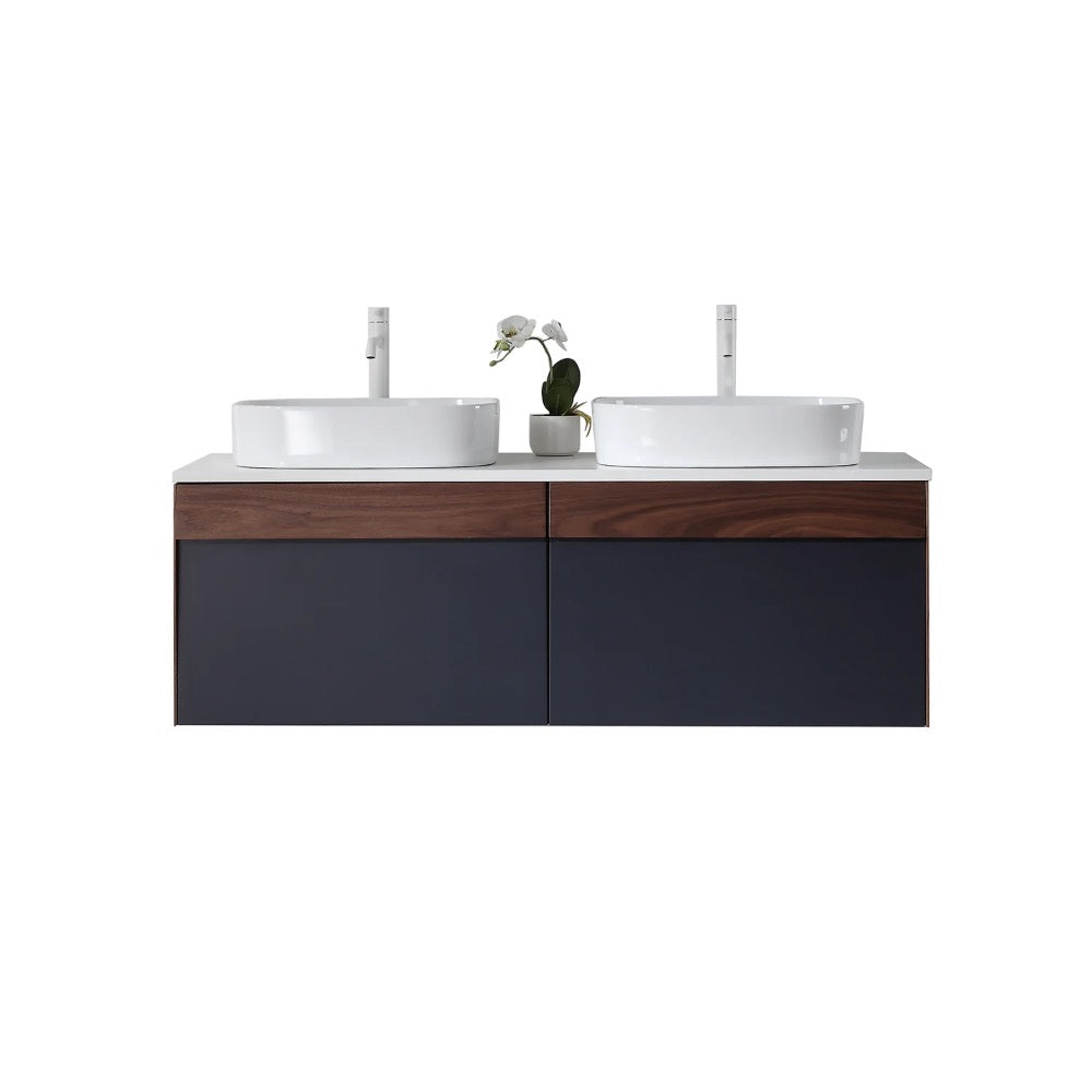 The Ronda 55 Inch Wall Mount Vanity with Double Vessel Sinks boasts a modern design, dark wood and navy cabinet, two white vessel sinks, and a small potted orchid set between them.