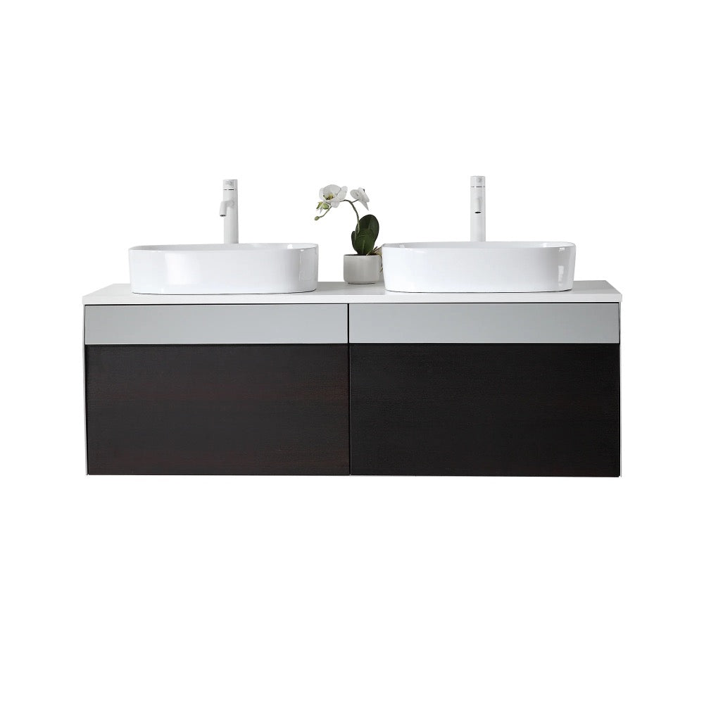 The Ronda 55 Inch Wall Mount Vanity with Double Vessel Sinks has minimalist faucets, a white top, dark lower cabinets, and a potted orchid set between the sinks.